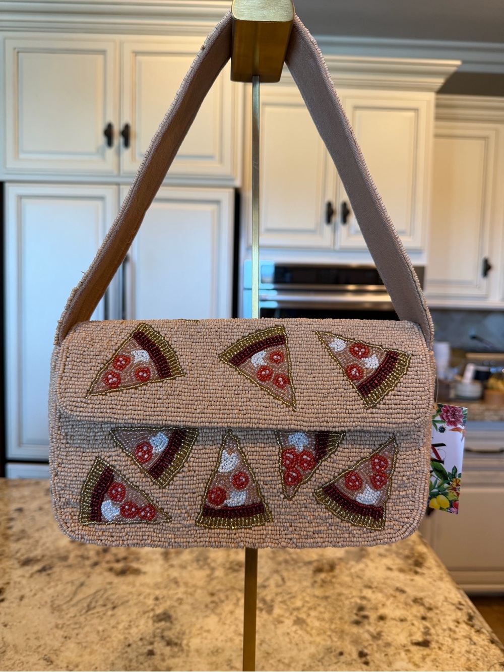Beaded Beige Shoulder Bag with Pizza Slice Motif - Picture 2 of 10